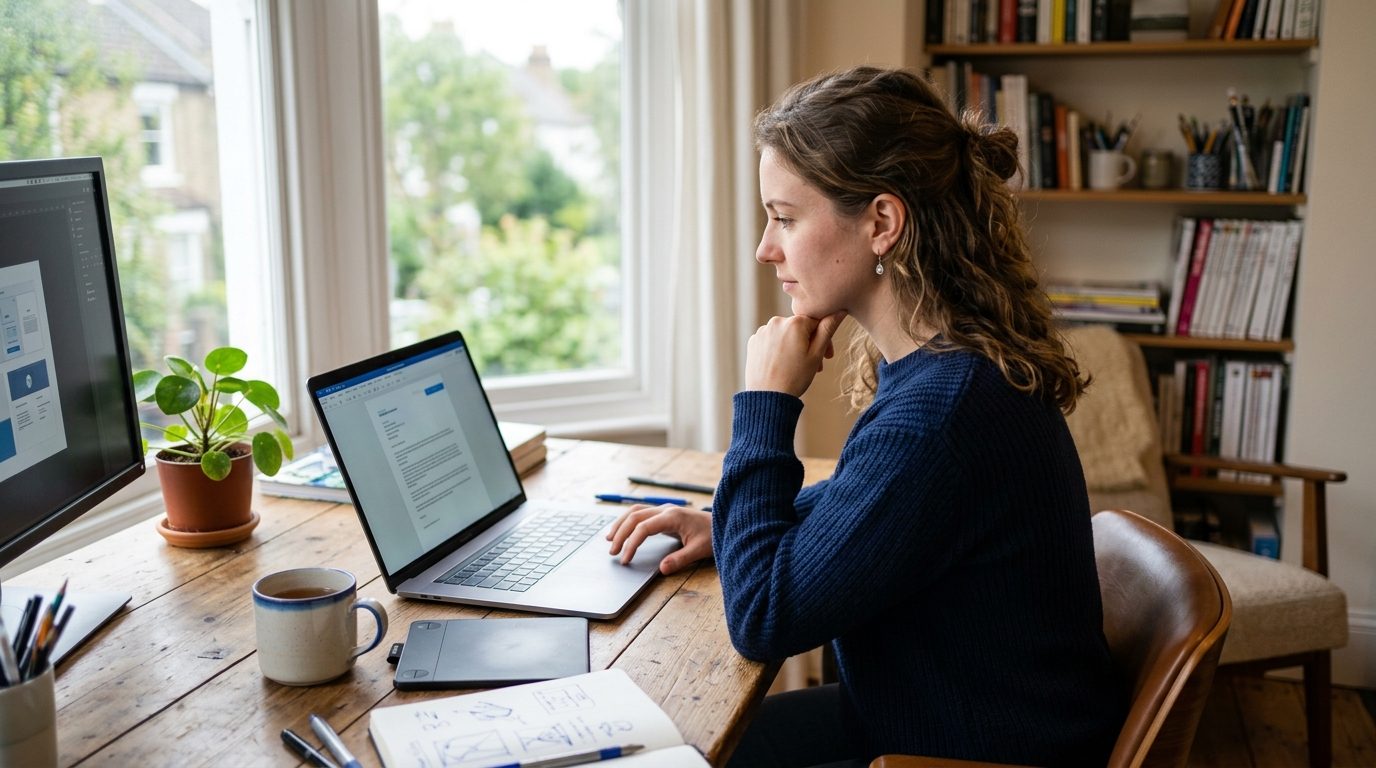 A freelance designer reviewing an AI-generated application pack on a laptop at a home desk